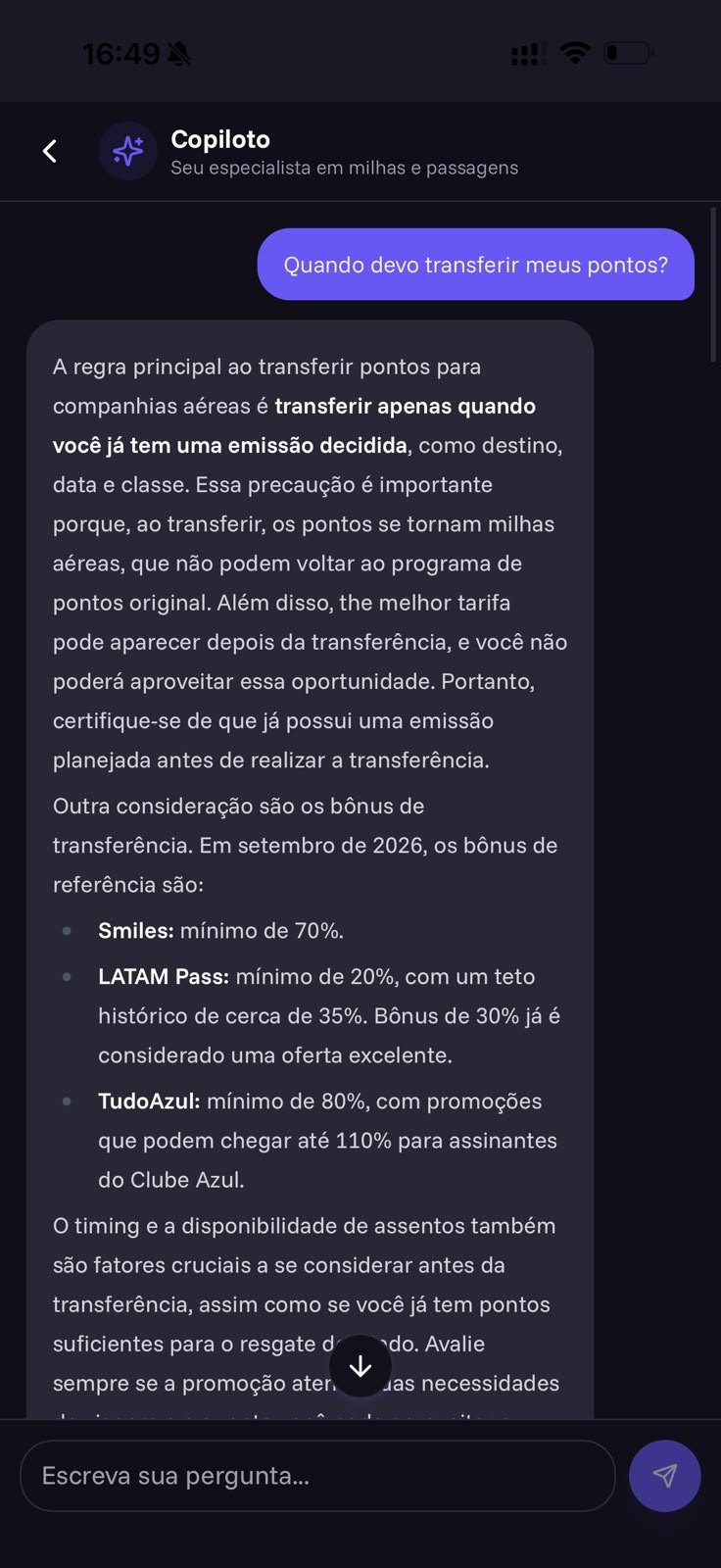 Conversa com o Copiloto sobre quando transferir pontos