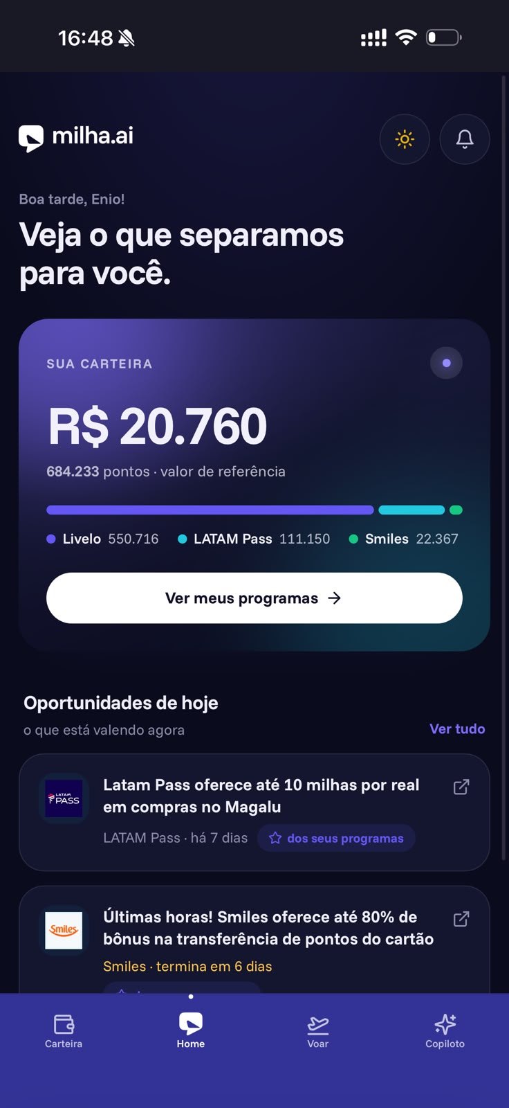 Tela inicial do app Milha.ai: carteira com R$ 20.760 em pontos e oportunidades do dia